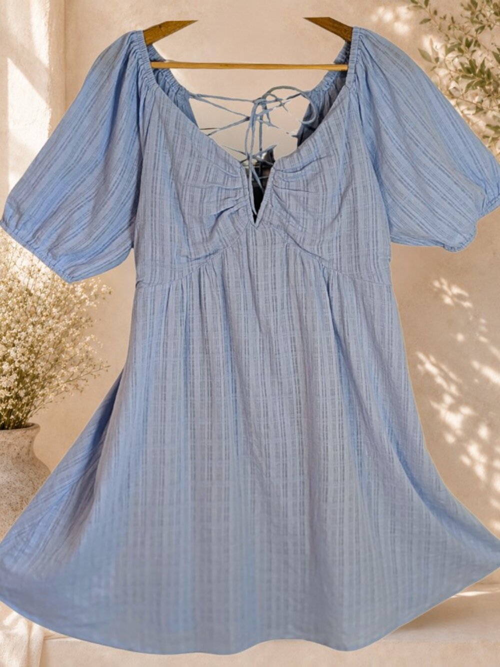 Powder Blue Empire Waist Babydoll Mini Dress XL Coquette Prairie Boho Fairycore